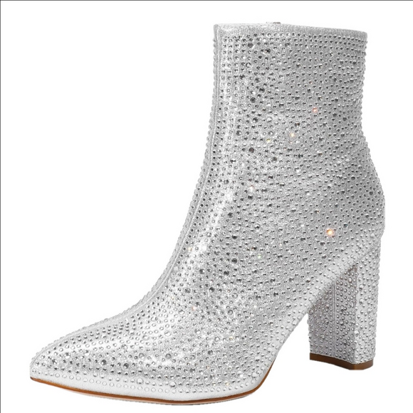Dream Pairs Shoes - DREAM PAIRS Silver Rhinestone Chunky Heel Ankle Booties Pointed Toe Short Boots